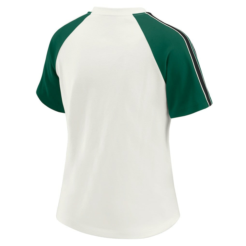 New York Jets WEAR by Erin Andrews Women's Sleeve Stripe Distressed Raglan T-Shirt - White for sale