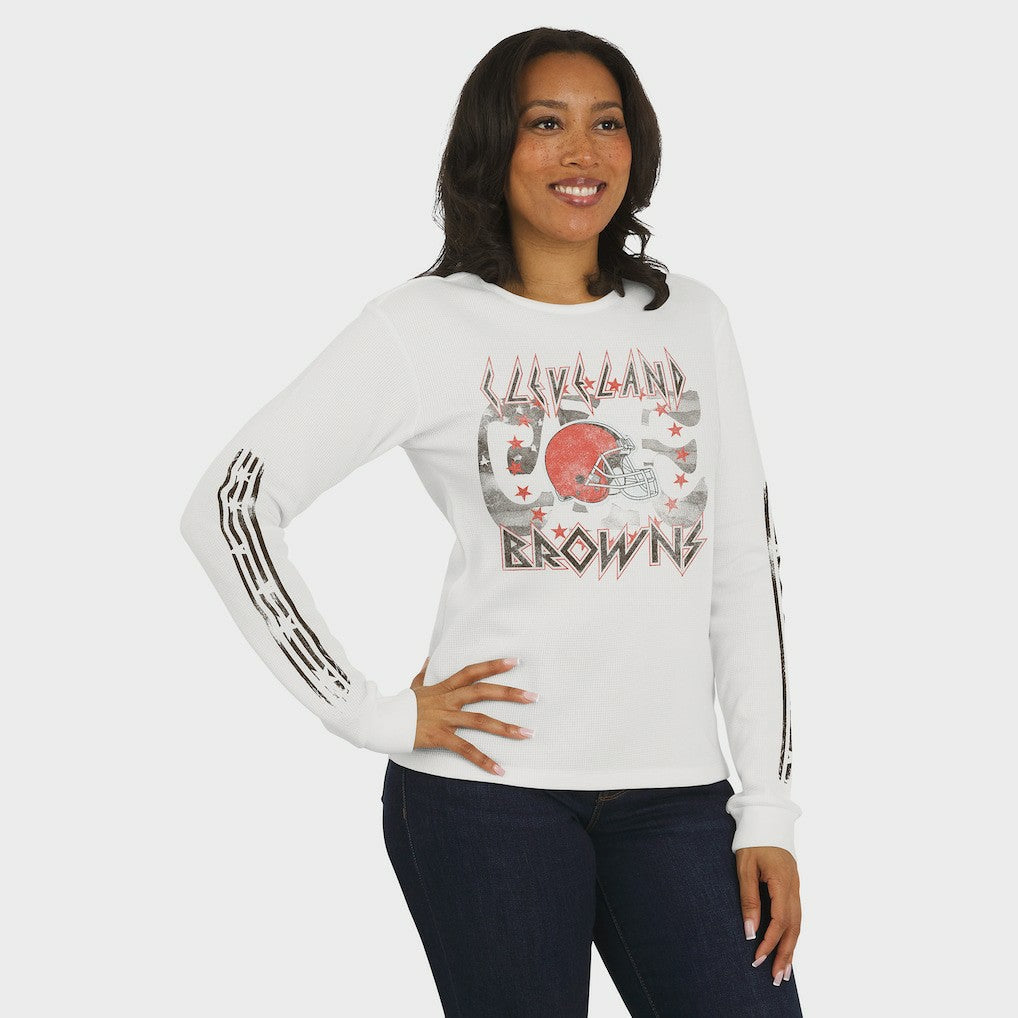 Cleveland Browns WEAR by Erin Andrews Women's Graphic Waffle Long-Sleeve T-Shirt - White for sale