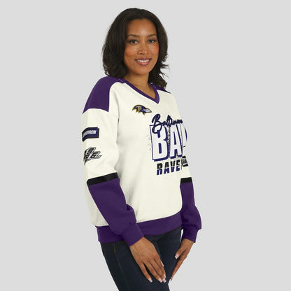Baltimore Ravens WEAR by Erin Andrews Women's Racing Crew V-Neck Sweatshirt - Cream cheap