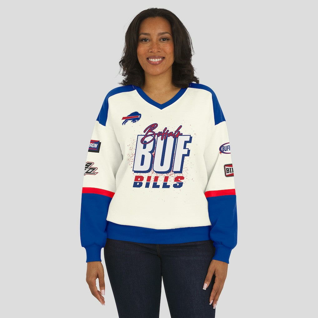 Buffalo Bills WEAR by Erin Andrews Women's Racing Crew V-Neck Sweatshirt - Cream sale