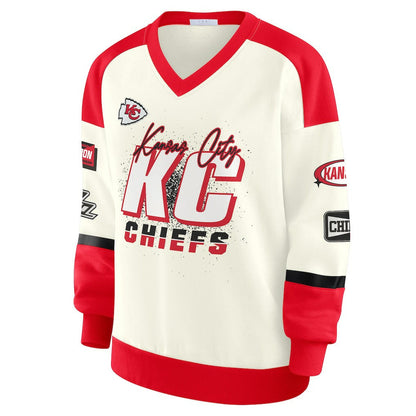 Kansas City Chiefs WEAR by Erin Andrews Women's Racing Crew V-Neck Sweatshirt - Cream sale