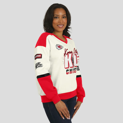 Kansas City Chiefs WEAR by Erin Andrews Women's Racing Crew V-Neck Sweatshirt - Cream sale