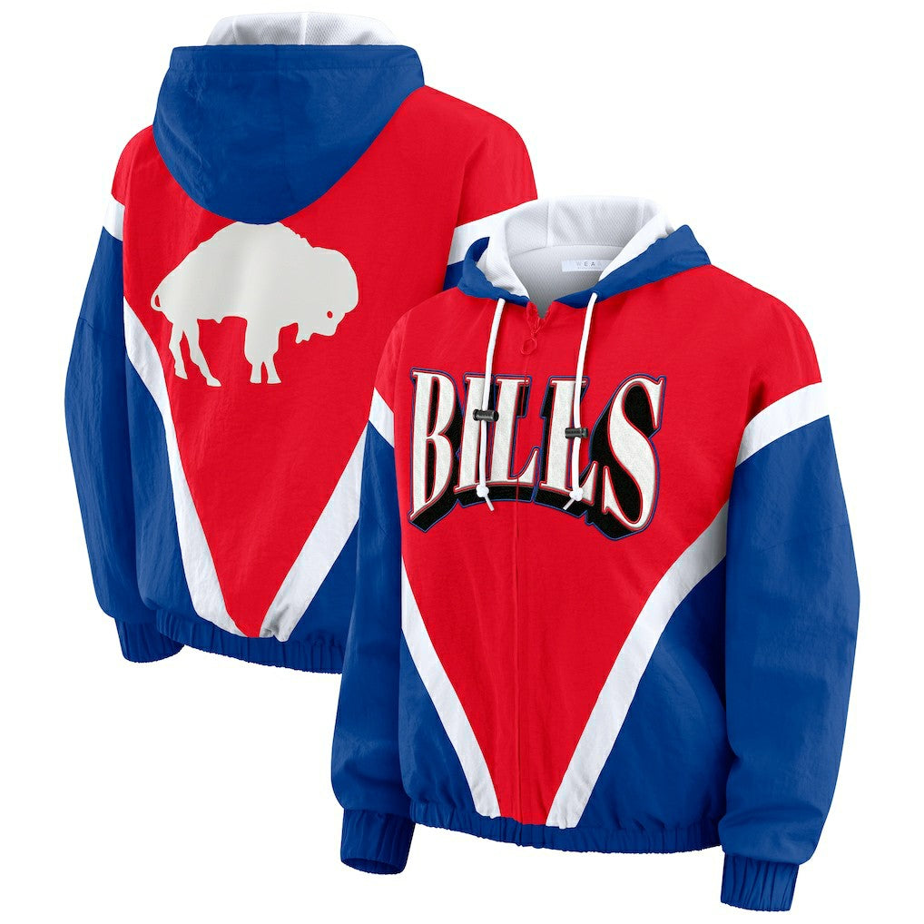Buffalo Bills WEAR by Erin Andrews Women's Plus Size Retro Crinkle Full-Zip Hoodie Windbreaker Jacket - Red/Royal online
