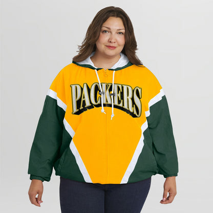 Green Bay Packers WEAR by Erin Andrews Women's Plus Size Retro Crinkle Full-Zip Hoodie Windbreaker Jacket - Gold/Green cheap
