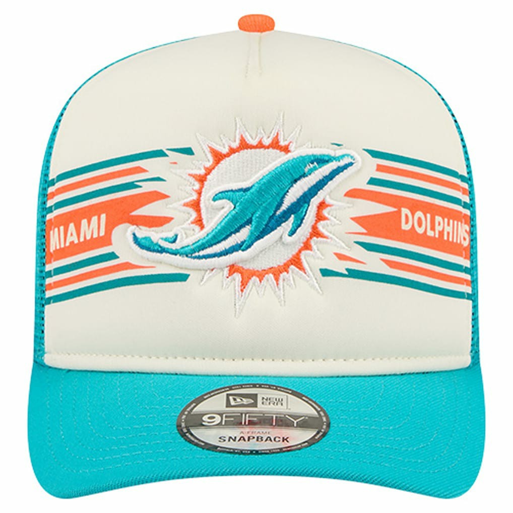 Miami Dolphins New Era Banner A-Frame 9FIFTY Trucker Snapback Hat - Cream/Aqua cheap