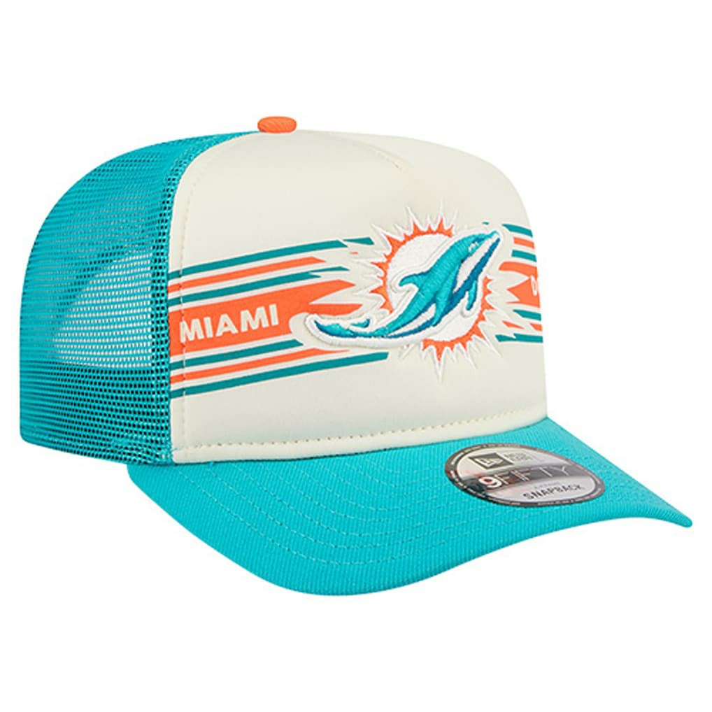 Miami Dolphins New Era Banner A-Frame 9FIFTY Trucker Snapback Hat - Cream/Aqua cheap
