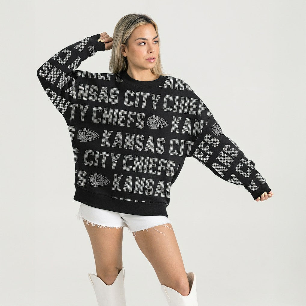 Kansas City Chiefs Gameday Couture Women's Oversized Hype Era Rhinestone Text Sweatshirt - Black for sale