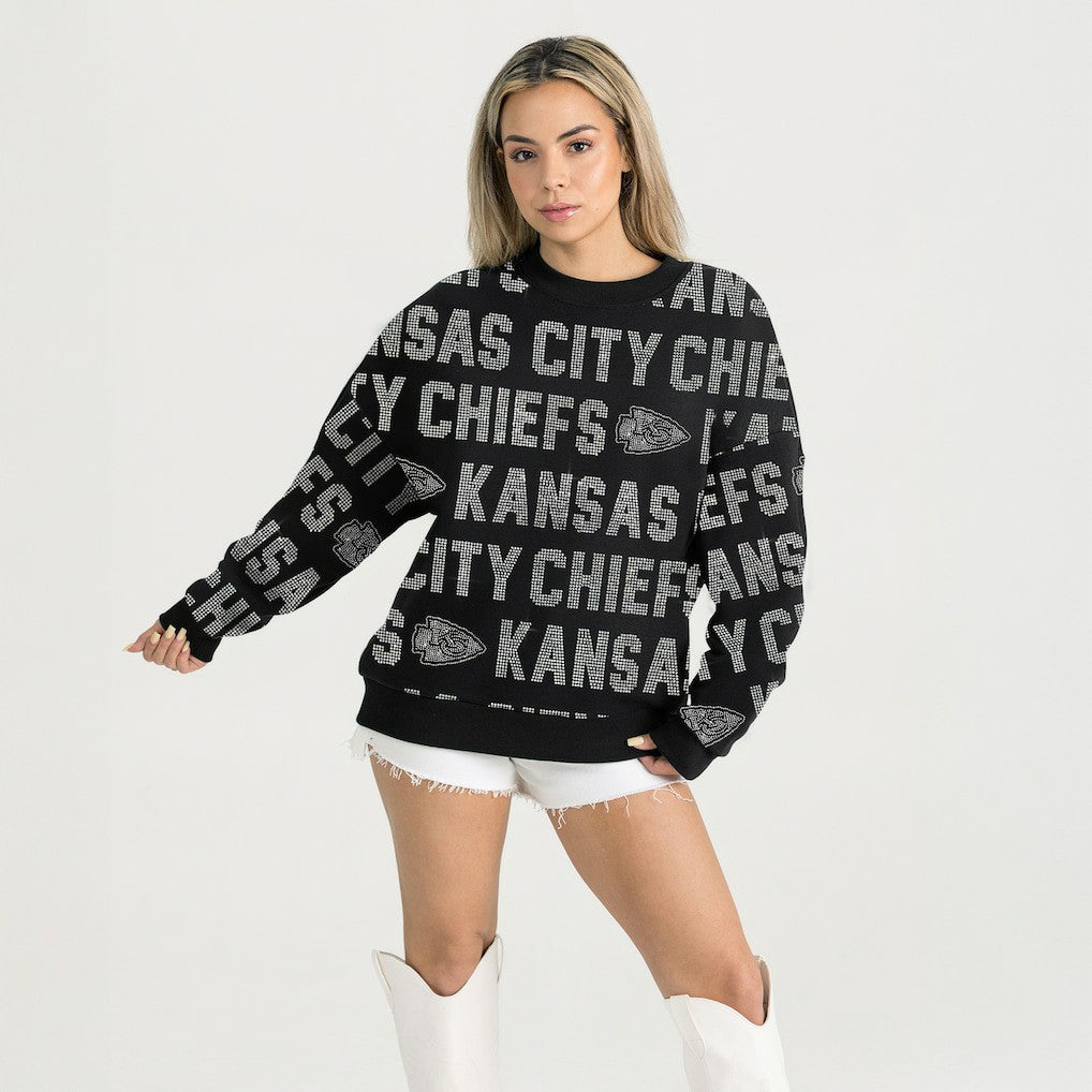 Kansas City Chiefs Gameday Couture Women's Oversized Hype Era Rhinestone Text Sweatshirt - Black for sale
