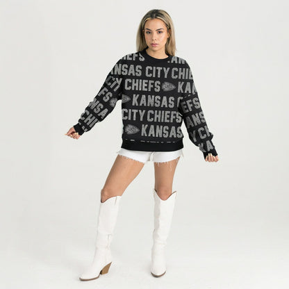Kansas City Chiefs Gameday Couture Women's Oversized Hype Era Rhinestone Text Sweatshirt - Black for sale
