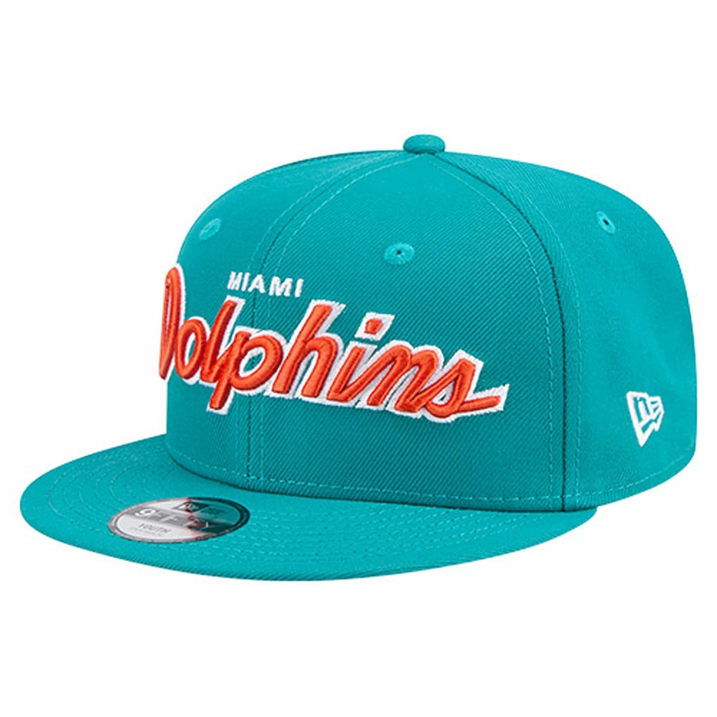 Miami Dolphins New Era Youth Main Script 9FIFTY Snapback Hat - Aqua on sale