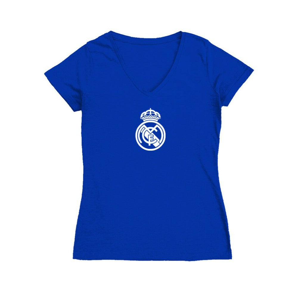 Real Madrid Vive La Fete Women's Color Badge V-Neck Fitted T-Shirt - Royal discount