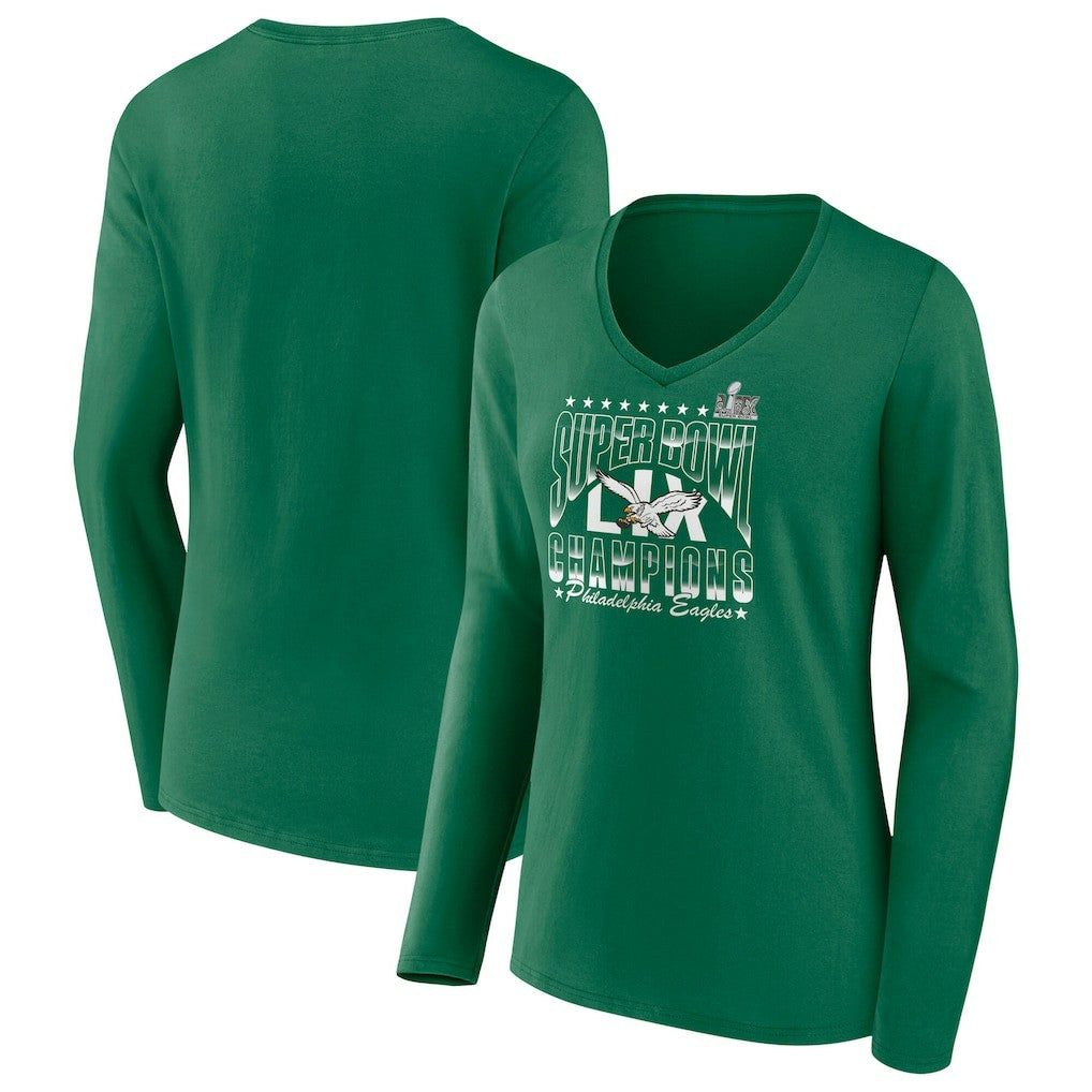 Philadelphia Eagles Women's Super Bowl LIX Champions Retro Logo Long Sleeve V-Neck T-Shirt - Kelly Green discount