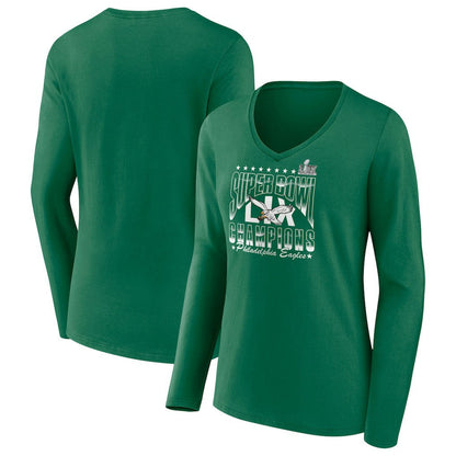 Philadelphia Eagles Women's Super Bowl LIX Champions Retro Logo Long Sleeve V-Neck T-Shirt - Kelly Green discount