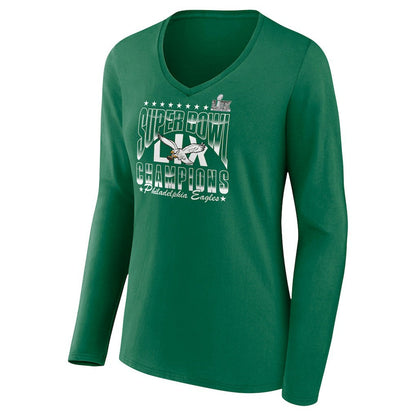 Philadelphia Eagles Women's Super Bowl LIX Champions Retro Logo Long Sleeve V-Neck T-Shirt - Kelly Green discount