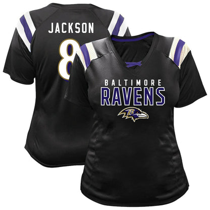 Lamar Jackson Baltimore Ravens Women's Plus Size Name & Number Raglan Lace V-Neck T-Shirt - Black sale