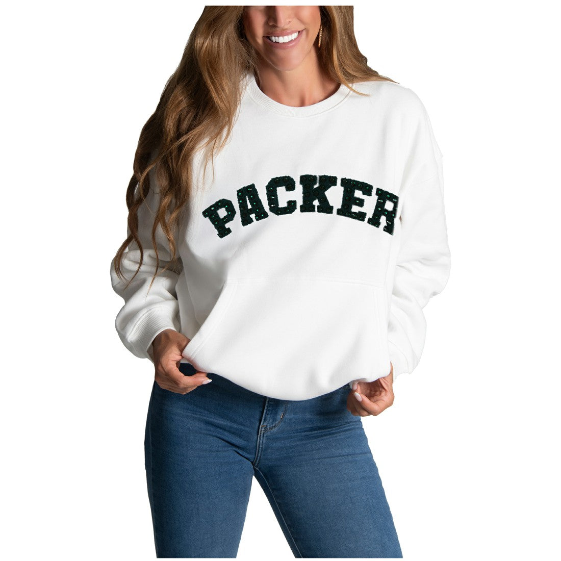 Green Bay Packers Cuce Women's Chenille Jeweled Sweatshirt - White for sale