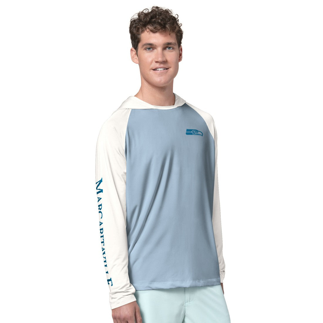 Seattle Seahawks Margaritaville Sand, Sea, Sunsets Long-Sleeve Rashguard Hoodie Pullover -Light Blue/Cream sale