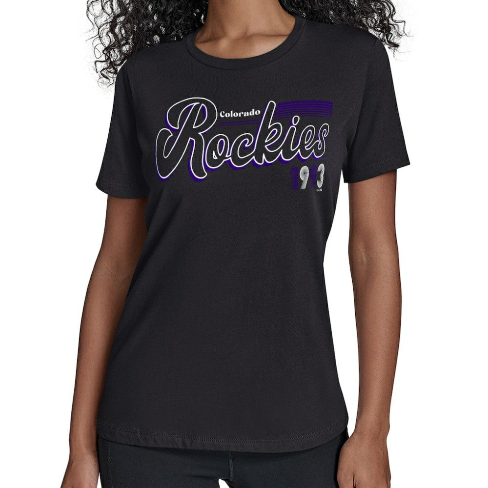 Colorado Rockies Starter Women's Groovy Script Team Fitted T-Shirt - Black