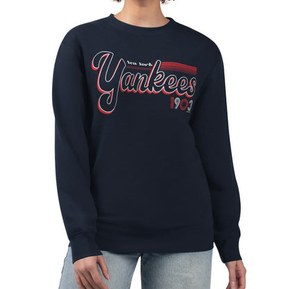 New York Yankees Starter Women's Groovy Script Team Fleece Pullover Sweatshirt - Navy