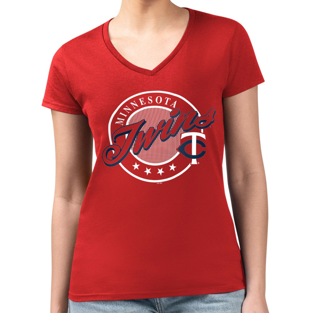 Minnesota Twins G-III 4Her by Carl Banks Women's Super-Slim Fit Lightweight Pinstripe Circle V-Neck T-Shirt - Red