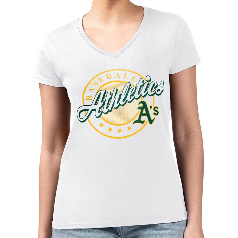 Athletics G-III 4Her by Carl Banks Women's Super-Slim Fit Lightweight Pinstripe Circle V-Neck T-Shirt - White
