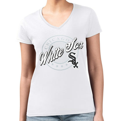 Chicago White Sox G-III 4Her by Carl Banks Women's Super-Slim Fit Lightweight Pinstripe Circle V-Neck T-Shirt - White