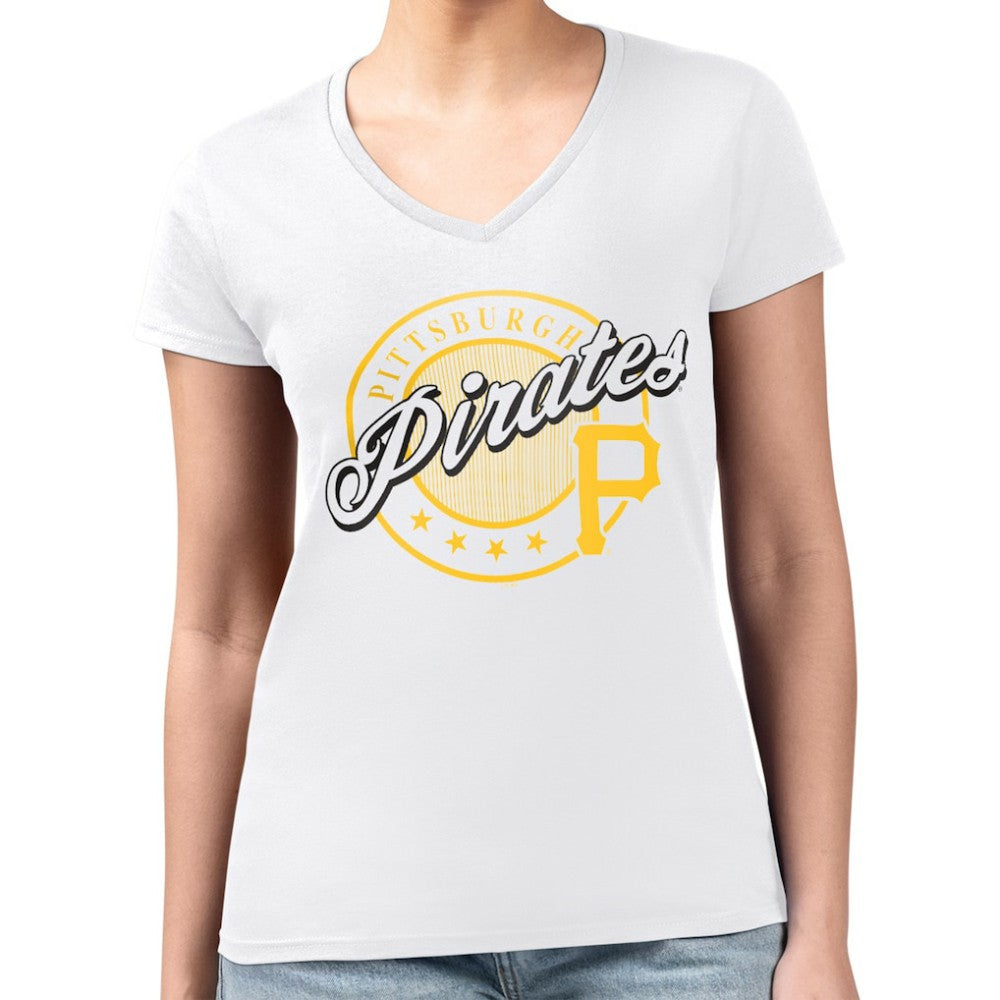 Pittsburgh Pirates G-III 4Her by Carl Banks Women's Super-Slim Fit Lightweight Pinstripe Circle V-Neck T-Shirt - White