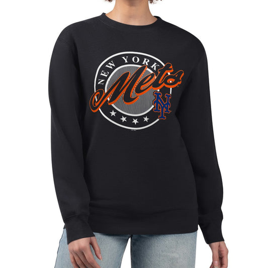 New York Mets G-III 4Her by Carl Banks Women's Pinstripe Circle Team Fleece Pullover Sweatshirt - Black
