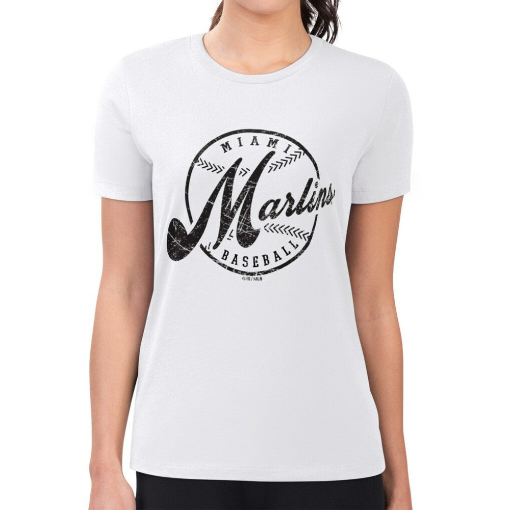 Miami Marlins G-III 4Her by Carl Banks Women's Super-Slim Fit Lightweight Distressed Baseball Team T-Shirt - White