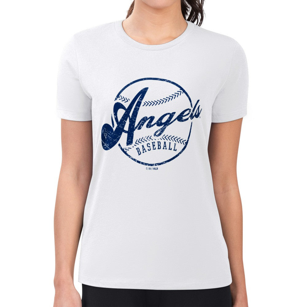 Los Angeles Angels G-III 4Her by Carl Banks Women's Super-Slim Fit Lightweight Distressed Baseball Team T-Shirt - White