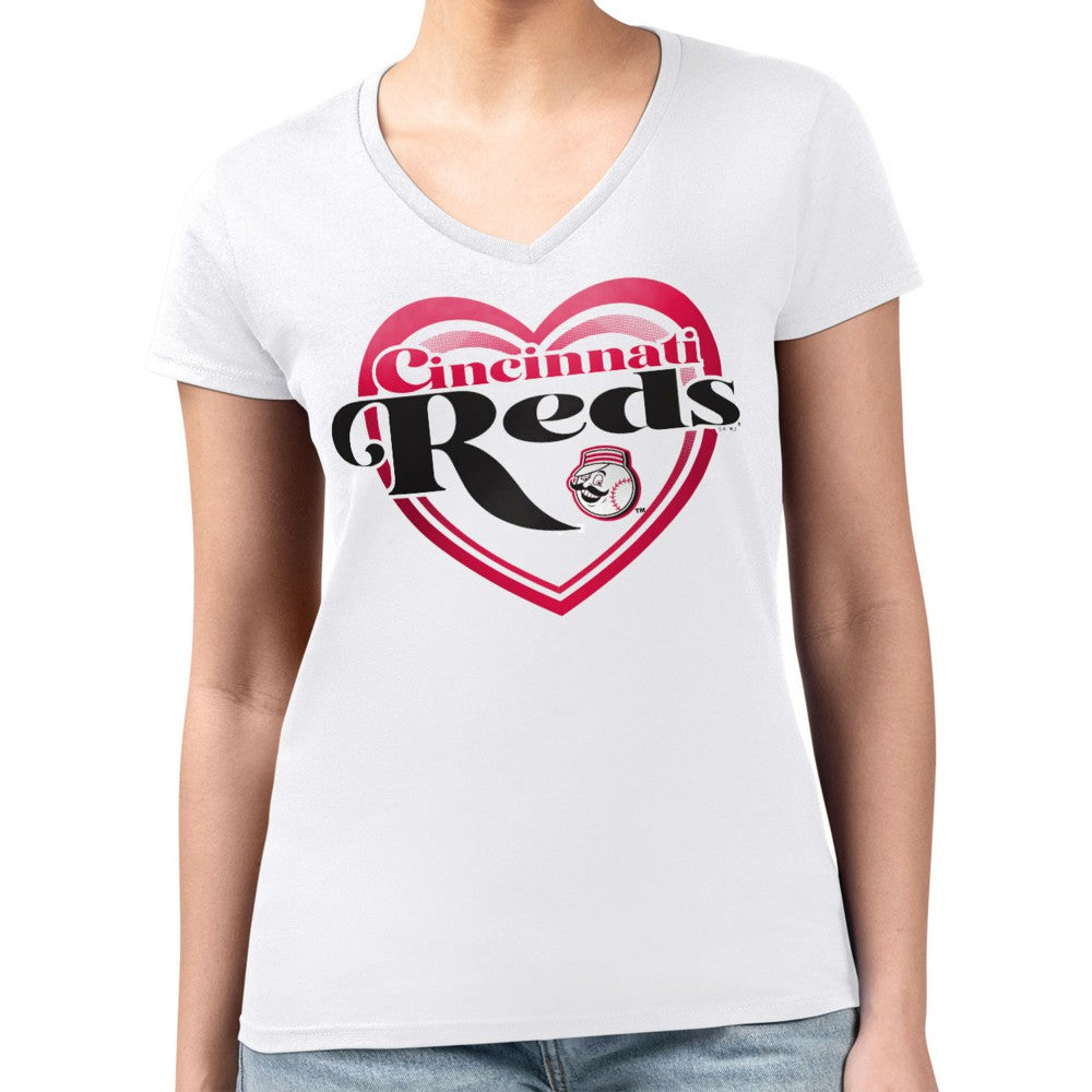 Cincinnati Reds G-III 4Her by Carl Banks Women's Super-Slim Fit Lightweight Double Heart V-Neck T-Shirt - White