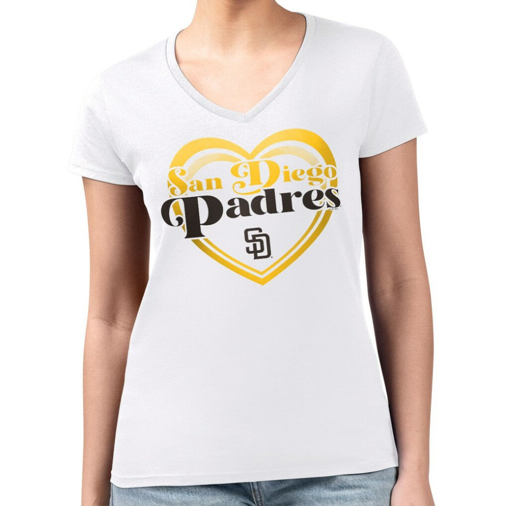 San Diego Padres G-III 4Her by Carl Banks Women's Super-Slim Fit Lightweight Double Heart V-Neck T-Shirt - White