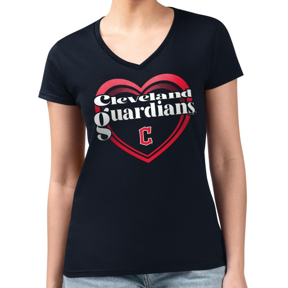 Cleveland Guardians G-III 4Her by Carl Banks Women's Super-Slim Fit Lightweight Double Heart V-Neck T-Shirt - Navy