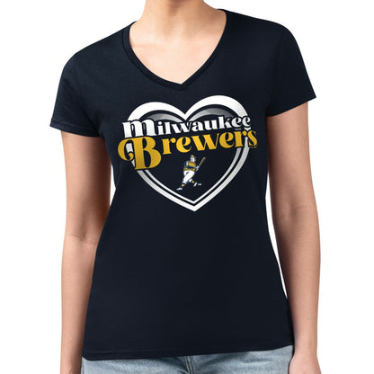 Milwaukee Brewers G-III 4Her by Carl Banks Women's Super-Slim Fit Lightweight Double Heart V-Neck T-Shirt - Navy