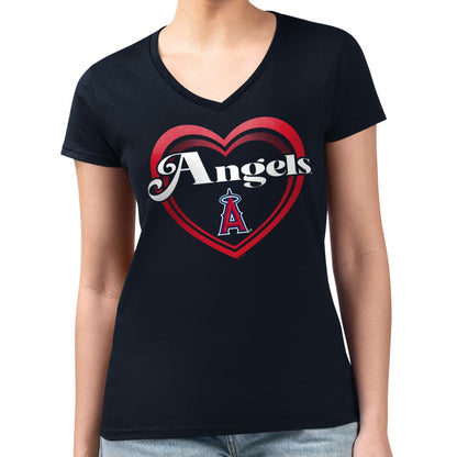 Los Angeles Angels G-III 4Her by Carl Banks Women's Super-Slim Fit Lightweight Double Heart V-Neck T-Shirt - Navy
