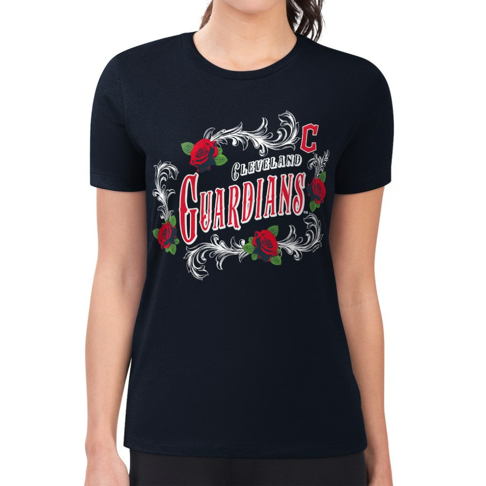 Cleveland Guardians G-III 4Her by Carl Banks Women's Super-Slim Fit Lightweight Retro Roses T-Shirt - Navy
