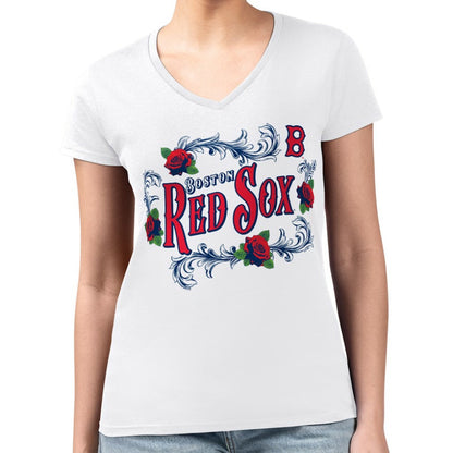 Boston Red Sox G-III 4Her by Carl Banks Women's Super-Slim Fit Lightweight Retro Roses V-Neck T-Shirt - White