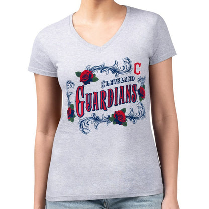 Cleveland Guardians G-III 4Her by Carl Banks Women's Super-Slim Fit Lightweight Retro Roses V-Neck T-Shirt - Gray