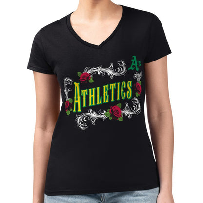Athletics G-III 4Her by Carl Banks Women's Super-Slim Fit Lightweight Retro Roses V-Neck T-Shirt - Black