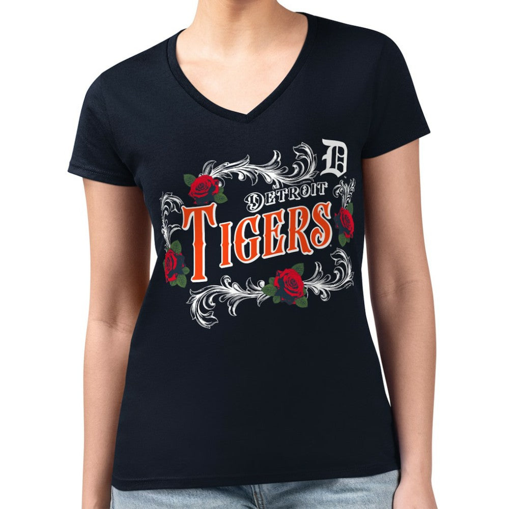 Detroit Tigers G-III 4Her by Carl Banks Women's Super-Slim Fit Lightweight Retro Roses V-Neck T-Shirt - Navy