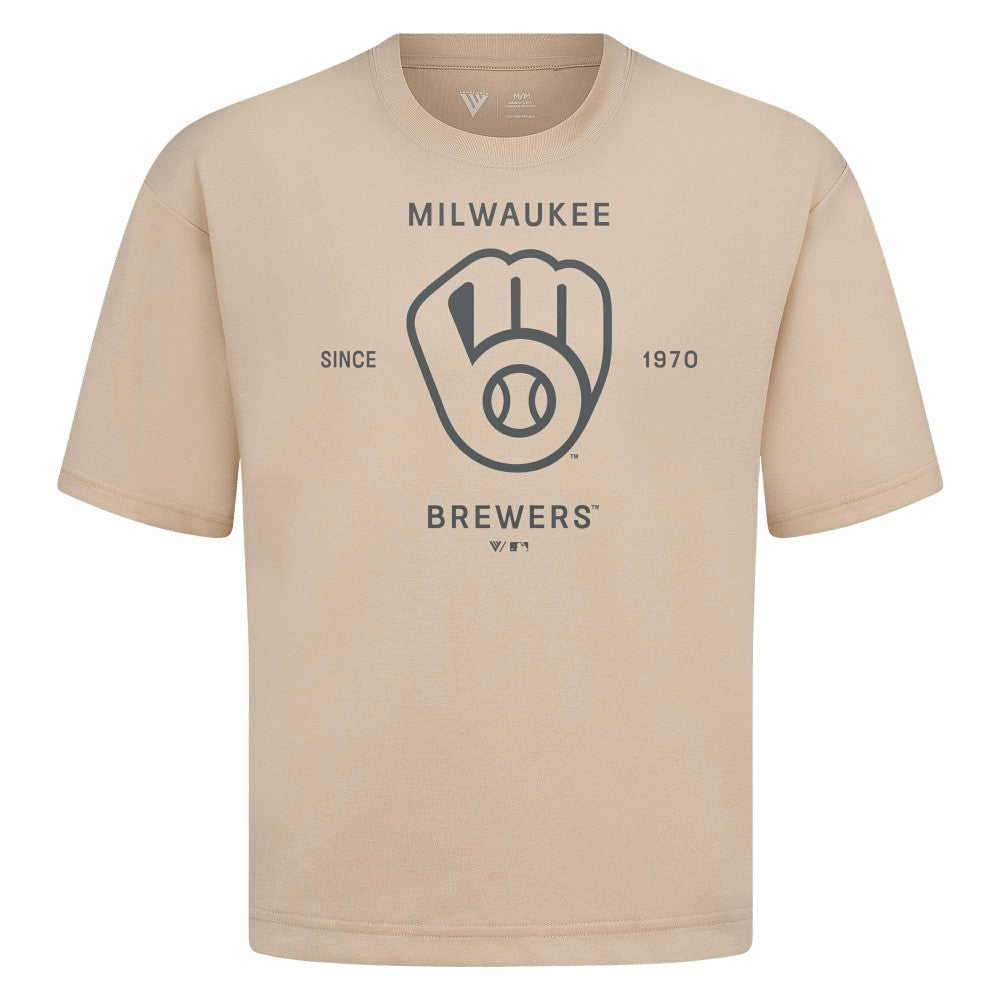 Milwaukee Brewers Levelwear Crossway Oversized Luxe Signature Knit T-Shirt - Khaki
