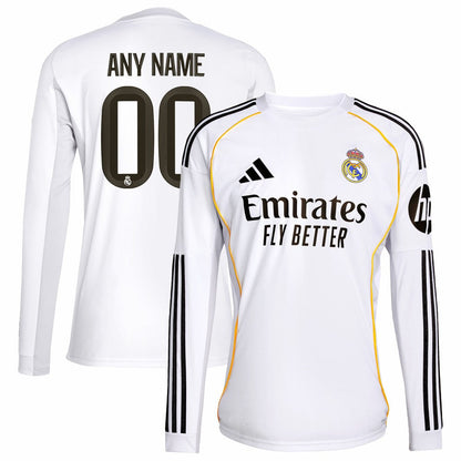 Real Madrid 2025/26 Home Replica Long Sleeve Custom Jersey - White | Adidas on sale