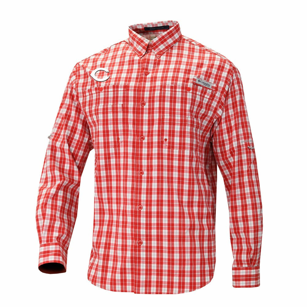 Cincinnati Reds Super Tamiami Omni-Shade Long Sleeve Button-Down Shirt - Red | Columbia