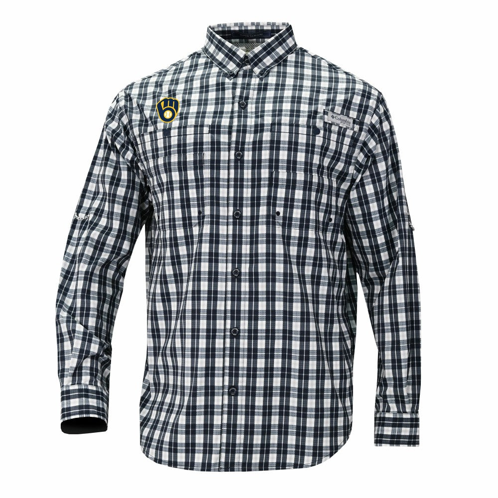 Milwaukee Brewers Super Tamiami Omni-Shade Long Sleeve Button-Down Shirt - Navy | Columbia