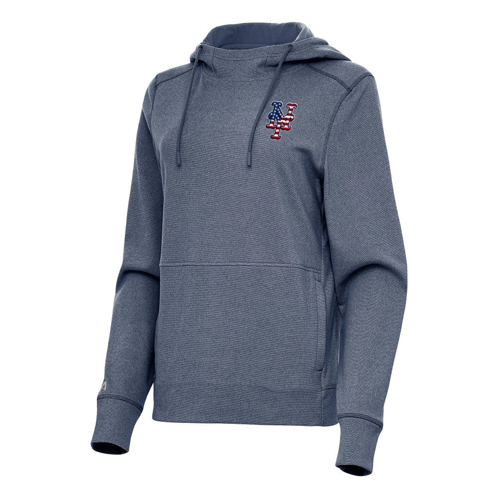 New York Mets Antigua Women's Justice Stars and Stripes Team Logo Pullover Hoodie - Heather Navy