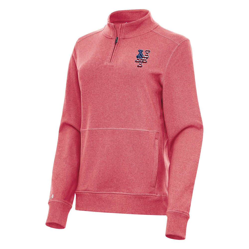 New York Mets Antigua Women's Crush Stars and Stripes Team Logo Quarter-Zip Pullover Top - Heather Red