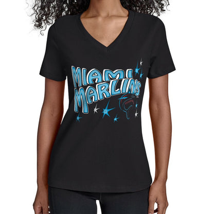 Miami Marlins Starter Women's Fireworks V-Neck T-Shirt - Black