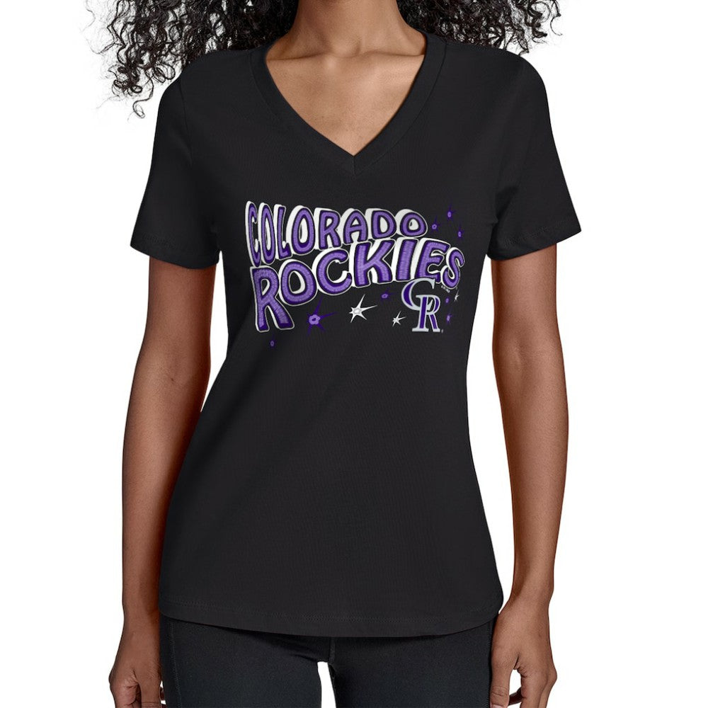 Colorado Rockies Starter Women's Fireworks V-Neck T-Shirt - Black
