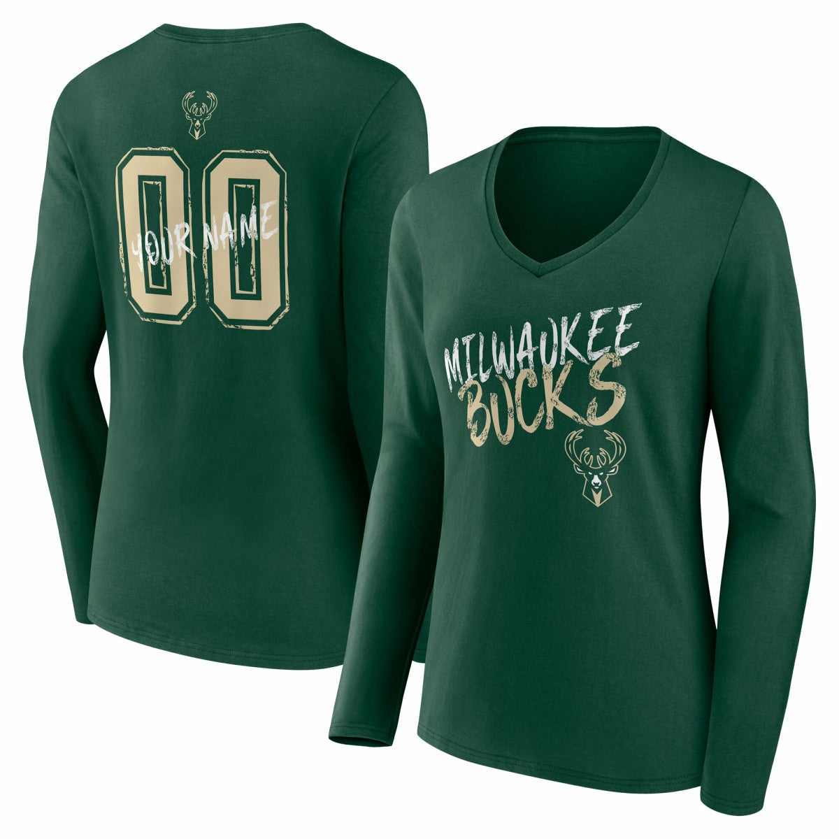 Milwaukee Bucks Women's Hustle Custom Long Sleeve V-Neck T-Shirt - Hunter Green outlet