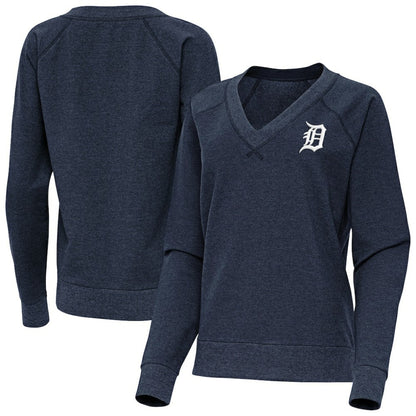 Detroit Tigers Antigua Women's Varsity Tri-Blend V-Neck Long Sleeve T-Shirt - Heather Navy